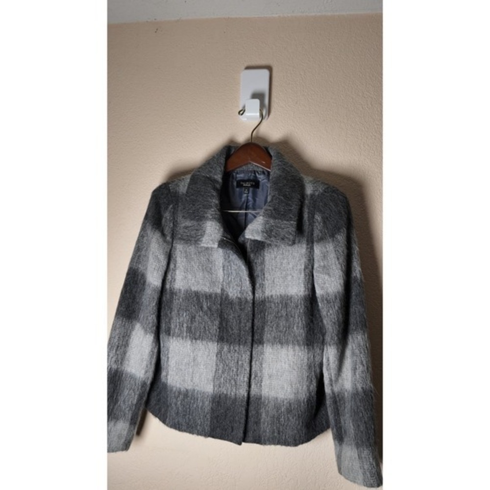 Talbots Gray Buffalo Plaid Wool Alpaca‎ Blend Zip Up Coat Size 8